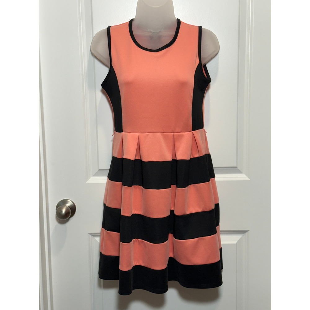 Mod Beautees Coral Black‎ Striped Fit Flare Dress Juniors 14 Retro Party Peach
